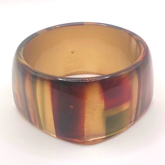 Chunky Striped Lucite Style Square Bangle Bracelet Amber Gold Burgundy Green - Picture 8 of 14